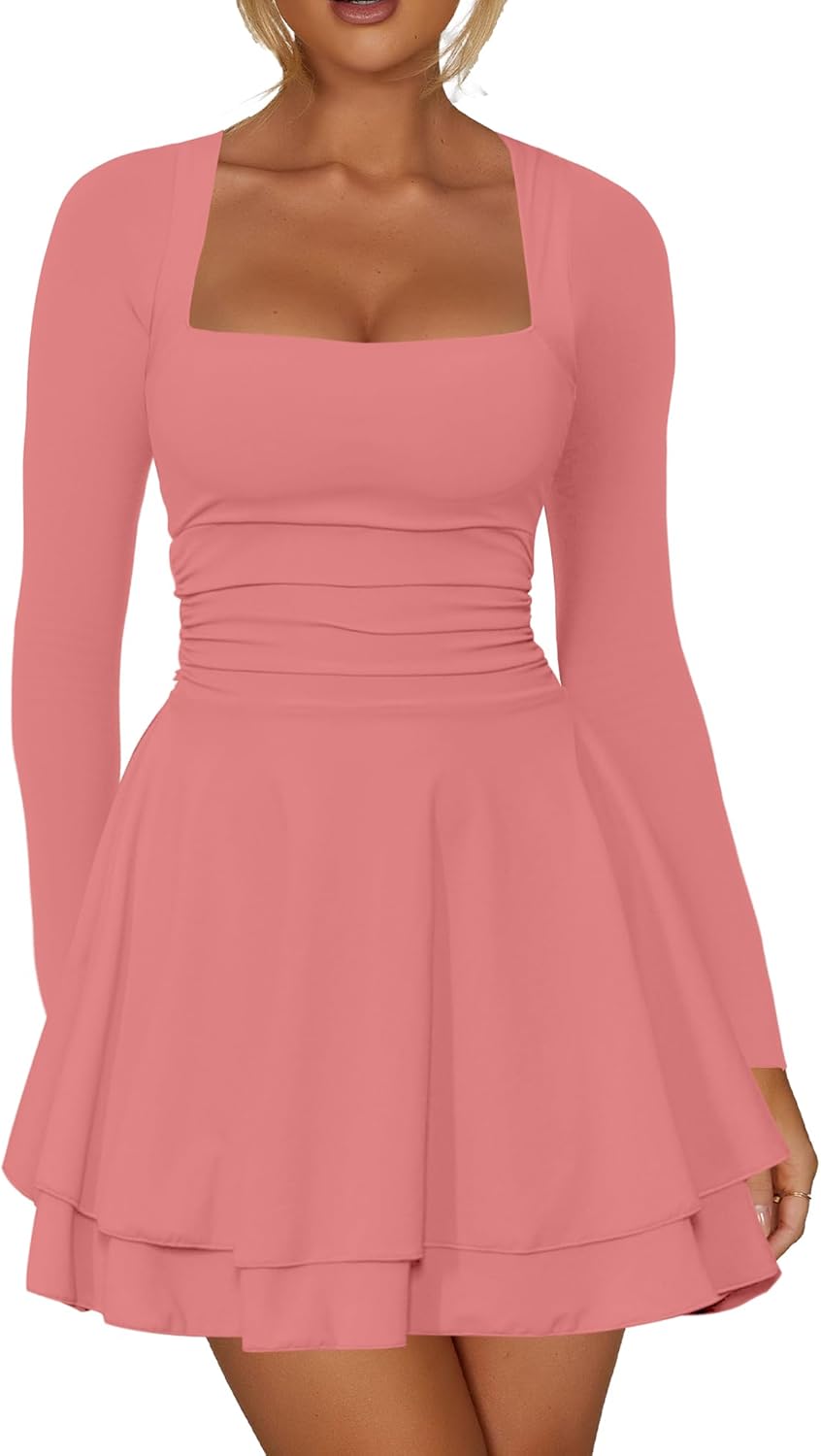 Kaximil Women's Square Neck Ruffle Hem Mini Dress for Parties
