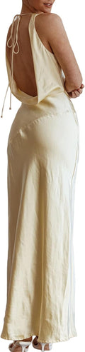 Women's Satin Backless Cowl Neck Maxi Dress - Elegant Wedding Guest is