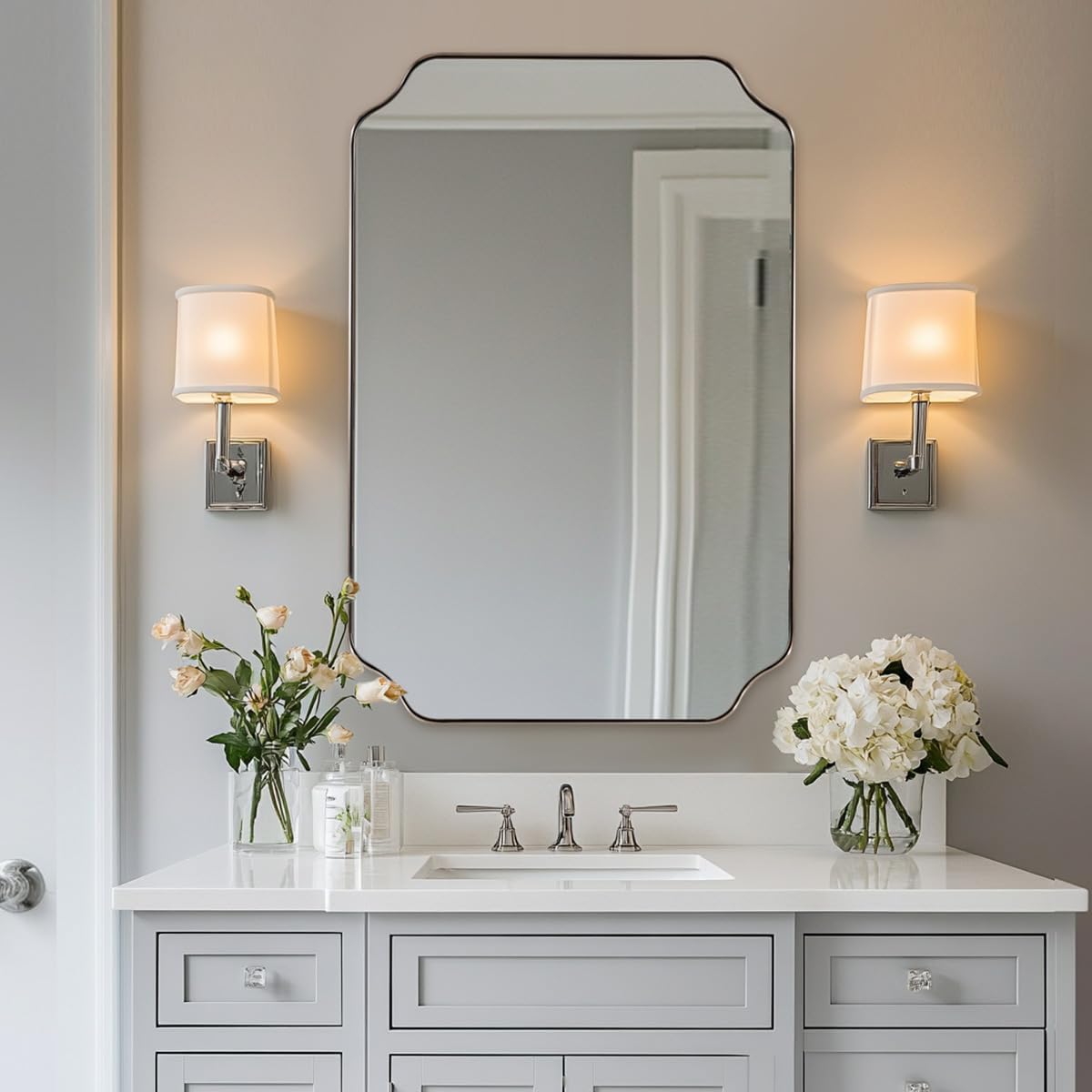 Chrome Bathroom Mirror with Scalloped Edge Design for Elegance