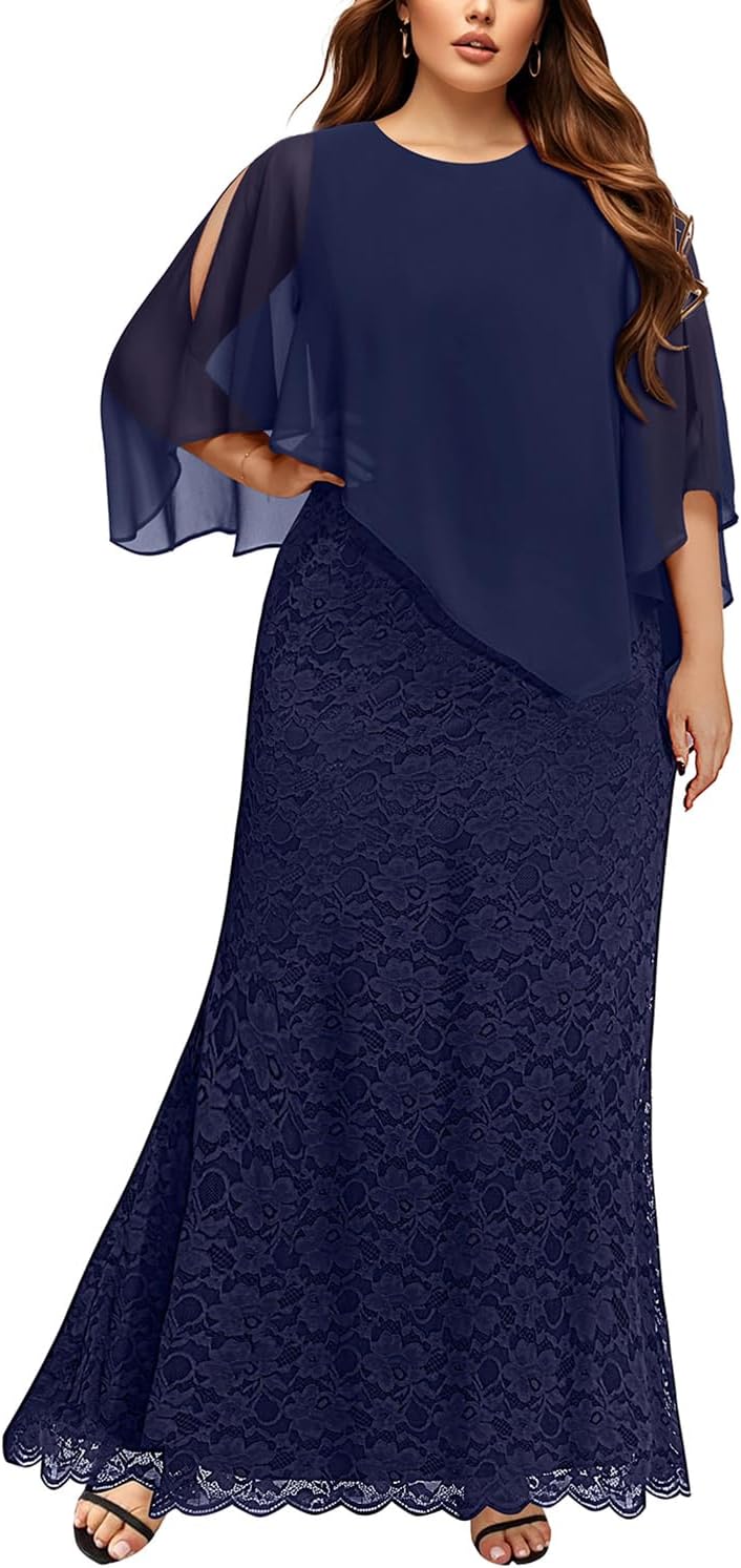 Women's Plus Size Cape Dress with Chiffon Overlay for Elegance