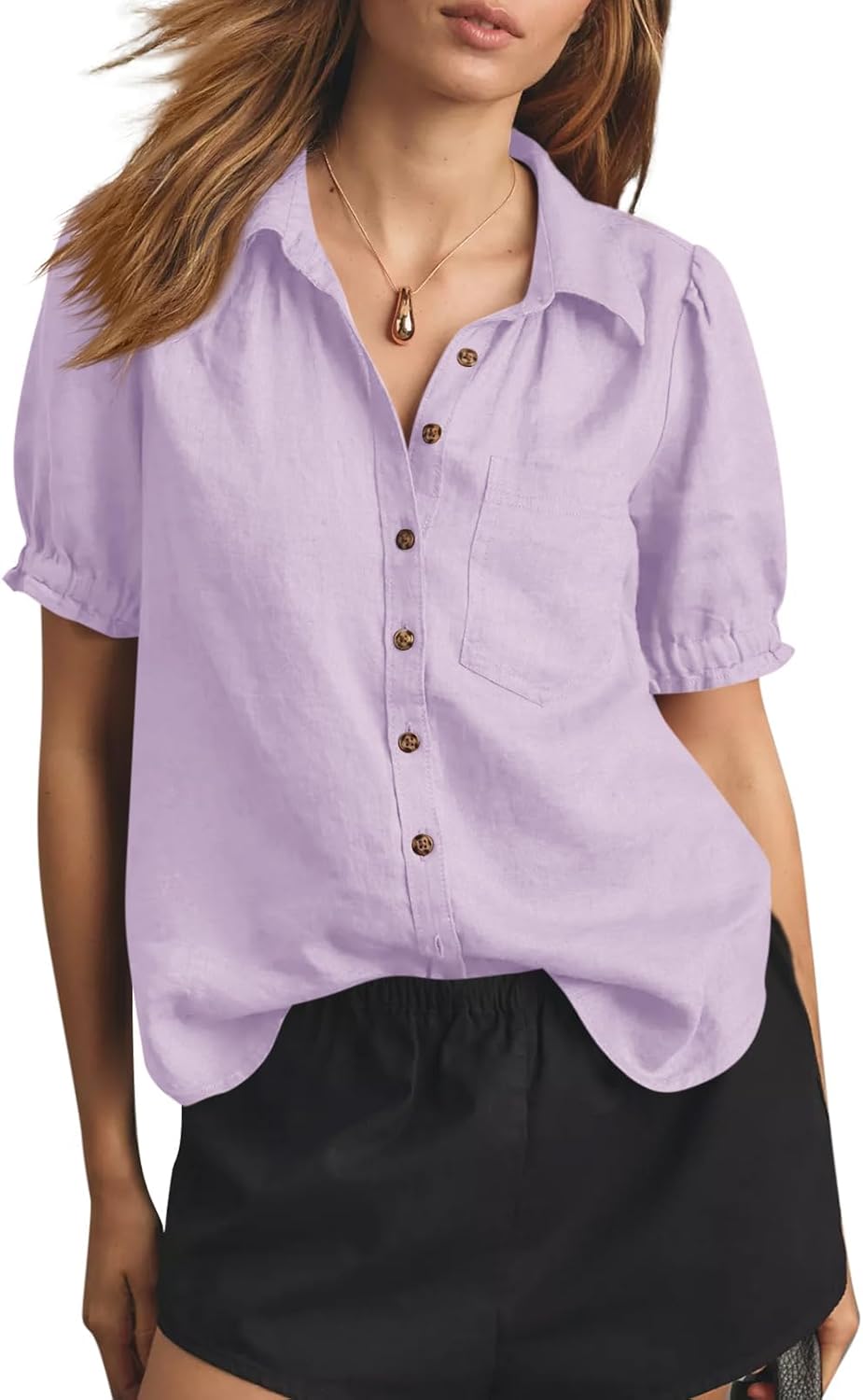 Cicy Bell Womens Puff Short Sleeve Button Down Shirts for Summer