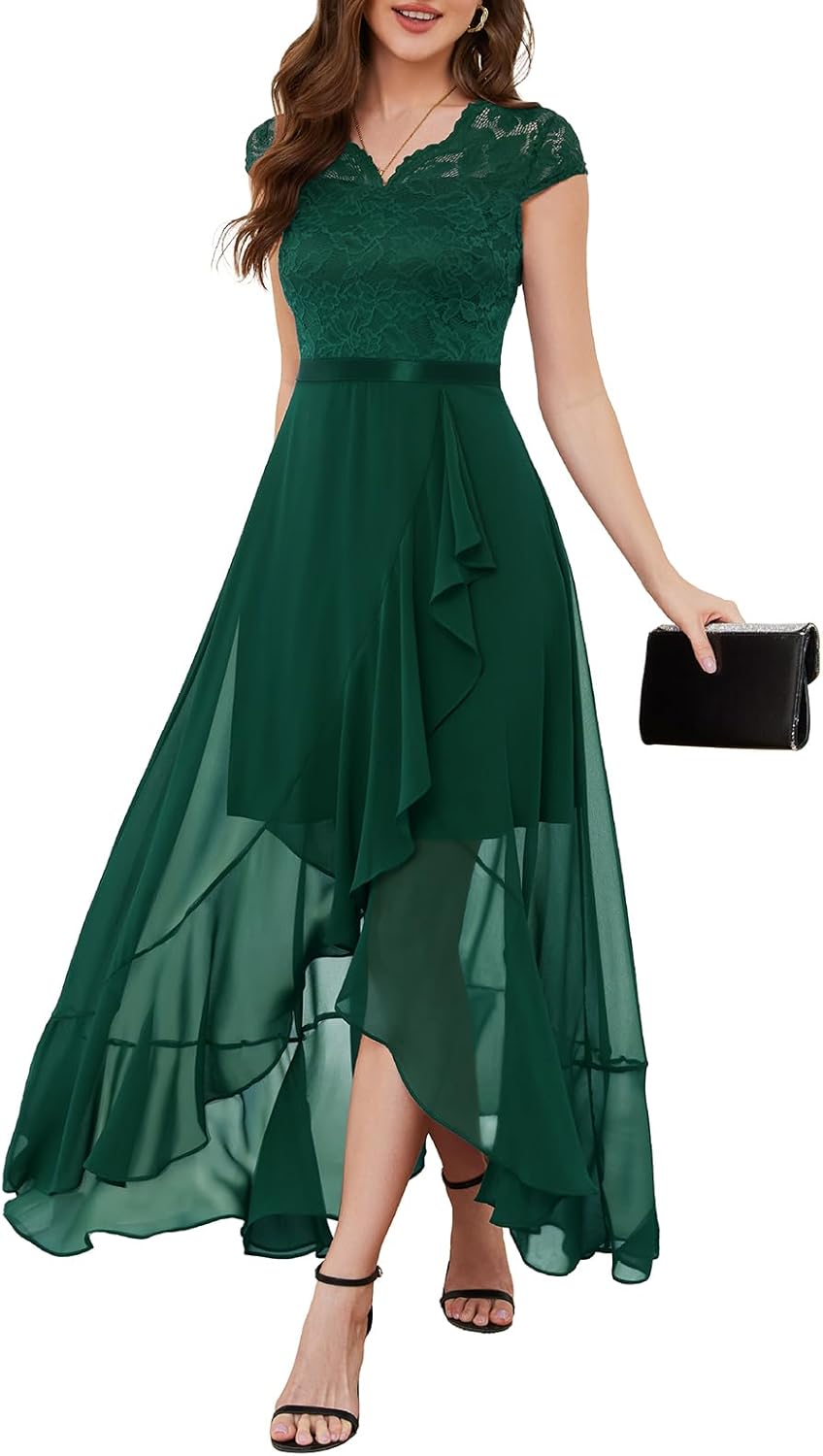 Elegant Hi-Lo Floral Lace V-Neck Dress for Wedding Guests