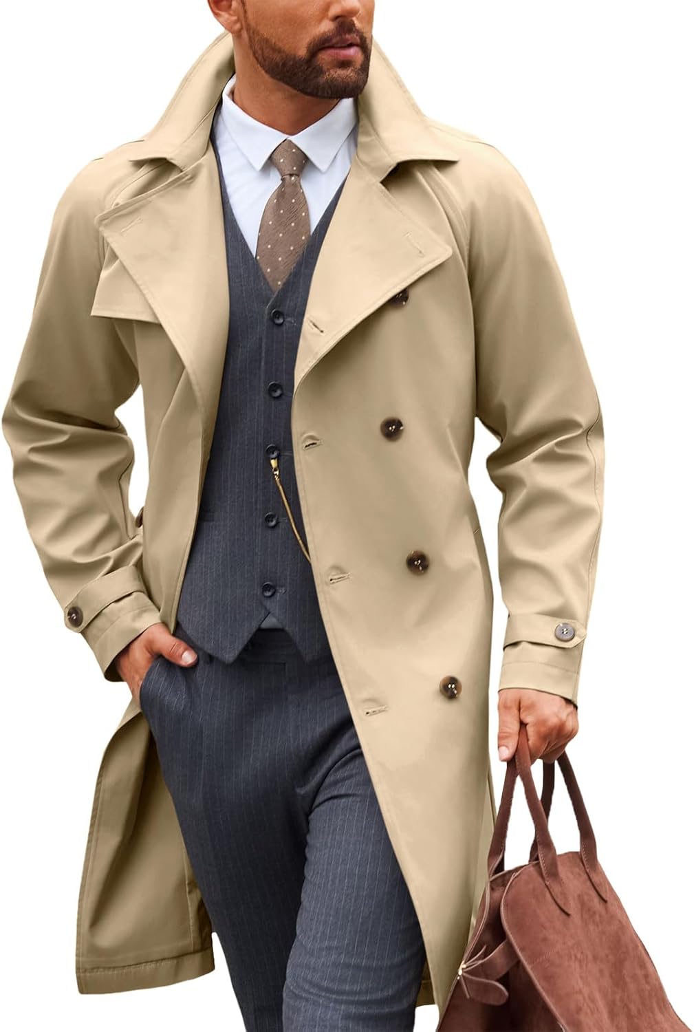 Runcati Mens Trench Coat Double Breasted Casual Windbreaker