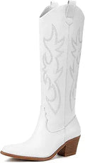 Athlefit Women's Western Embroidered Cowboy Boots - Pointed Toe Chunky