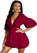 WDIRARA Deep V Neck Puff Sleeve High Rise Flare Mini Dress Women's