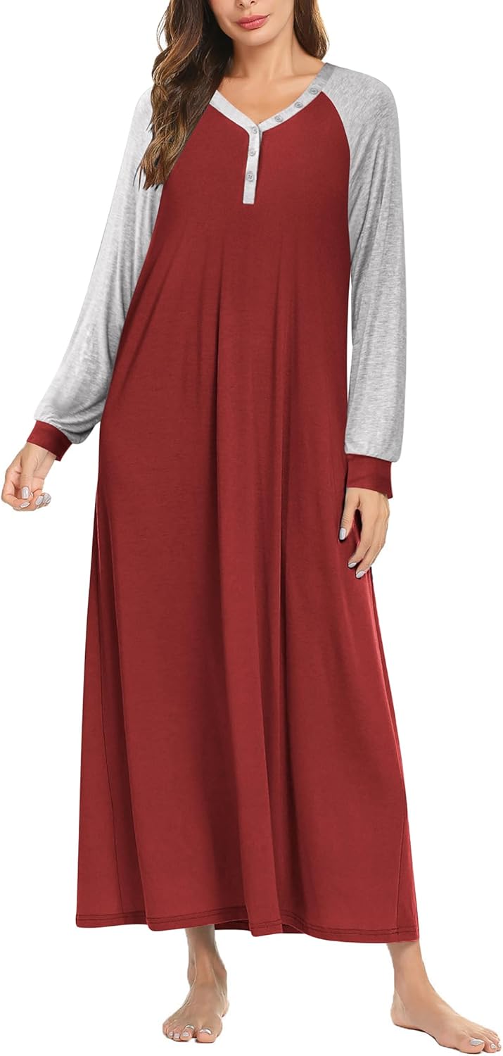 Ekouaer Nightgown Long Sleeve V Neck Loungewear for Women