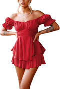 Women Boho Off-Shoulder Chiffon Romper with Ruffle Shorts - Summer