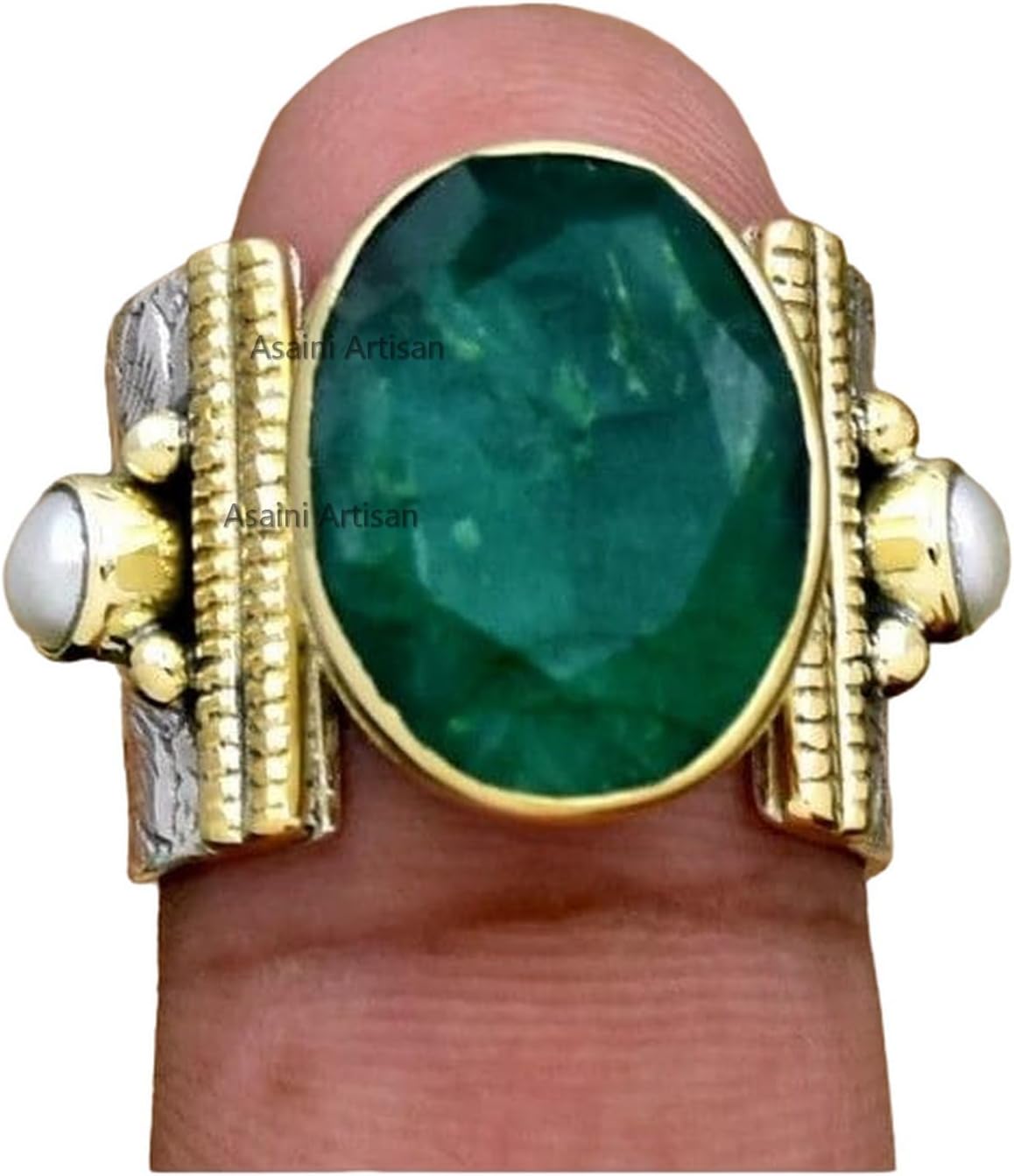 10x14MM Oval Gemstone Sterling Silver Ring with Pearl Accents