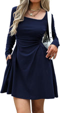Women's Square Neck Long Sleeve Mini Dress Ruched Waist Slim-Fit