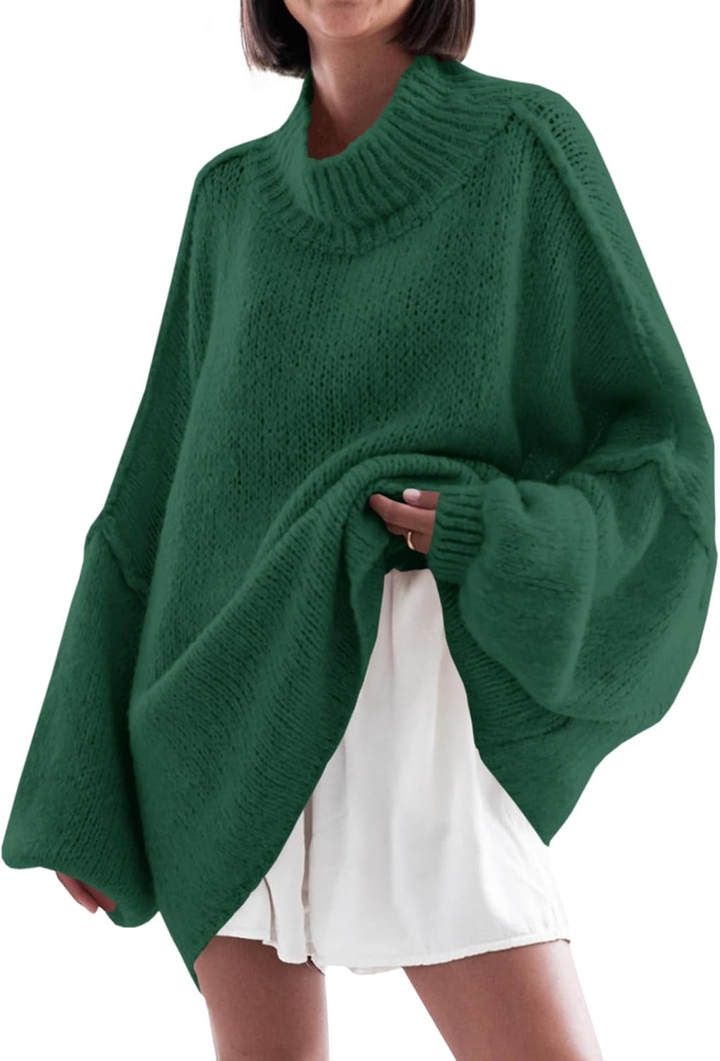 Oversized Mock Neck Batwing Sweater for Women - Trendy Knit