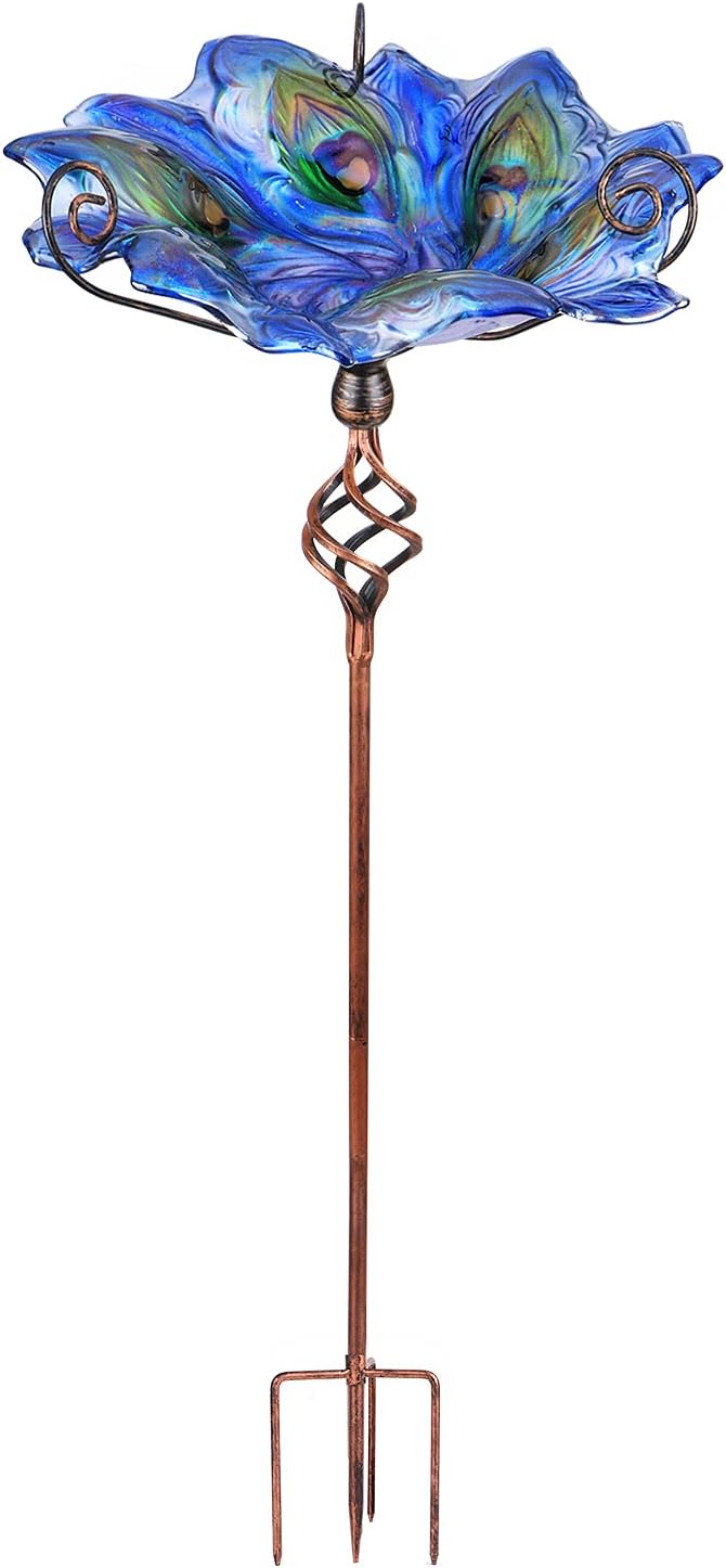 VCUTEKA Glass Bird Bath Outdoor Feeder with Metal Stake Decor