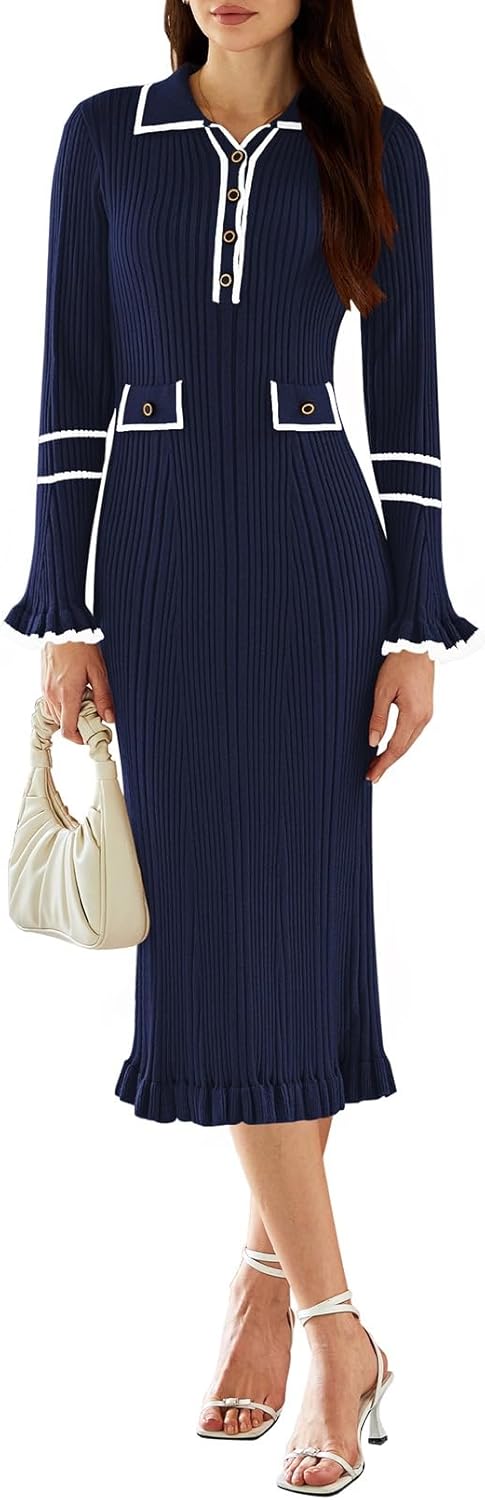 Pink Queen Women's V Neck Bodycon Sweater Dress for Fall Style