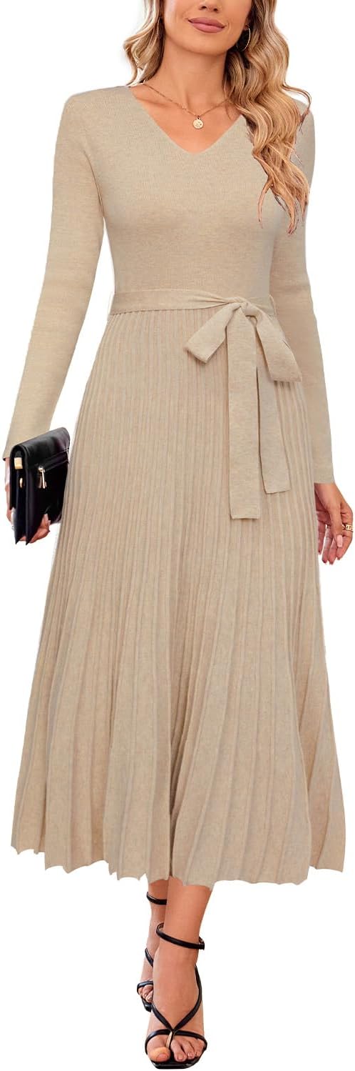 Arach&Cloz Women's Wool Blend Tie Waist Pleated Dress Review