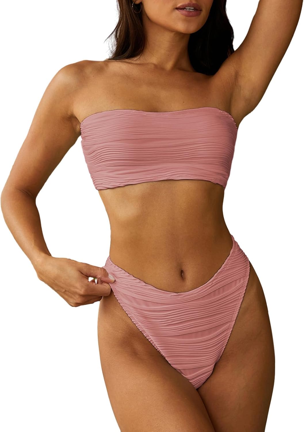 ZAFUL Women Strapless Textured Bandeau Bikini for Summer Fun