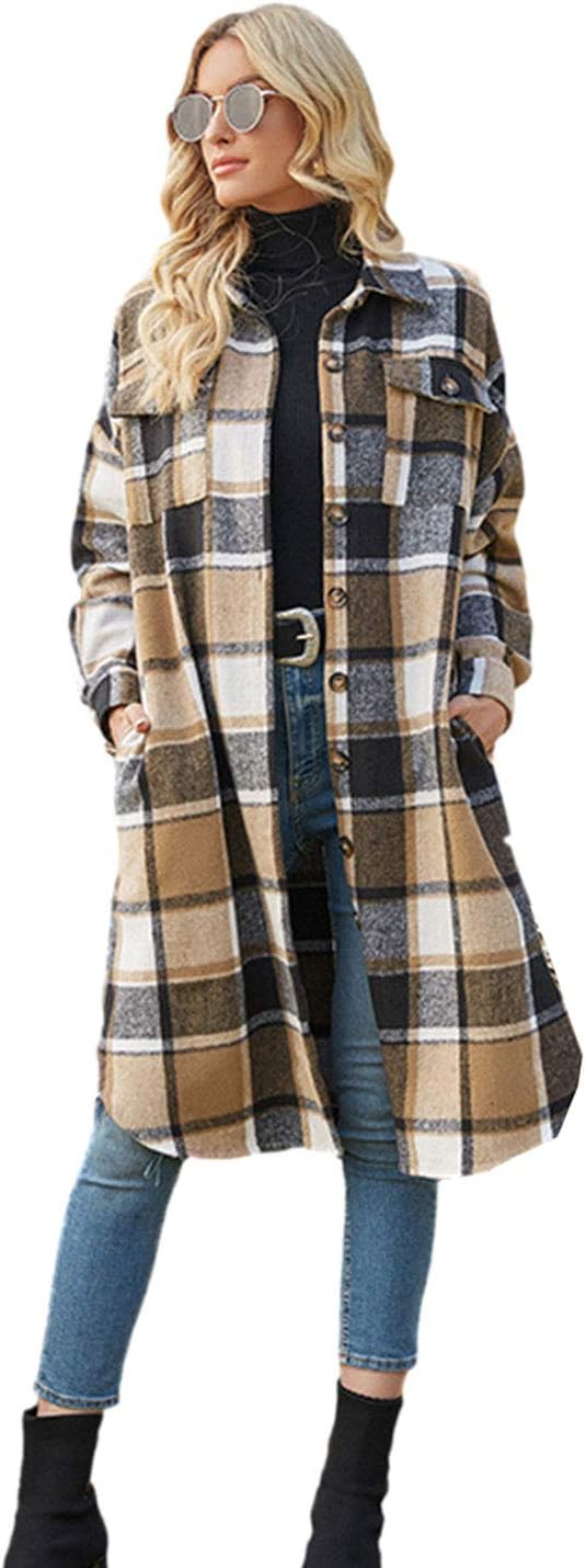 PUWEI Women's Casual Lapel Button Down Long Plaid Shacket