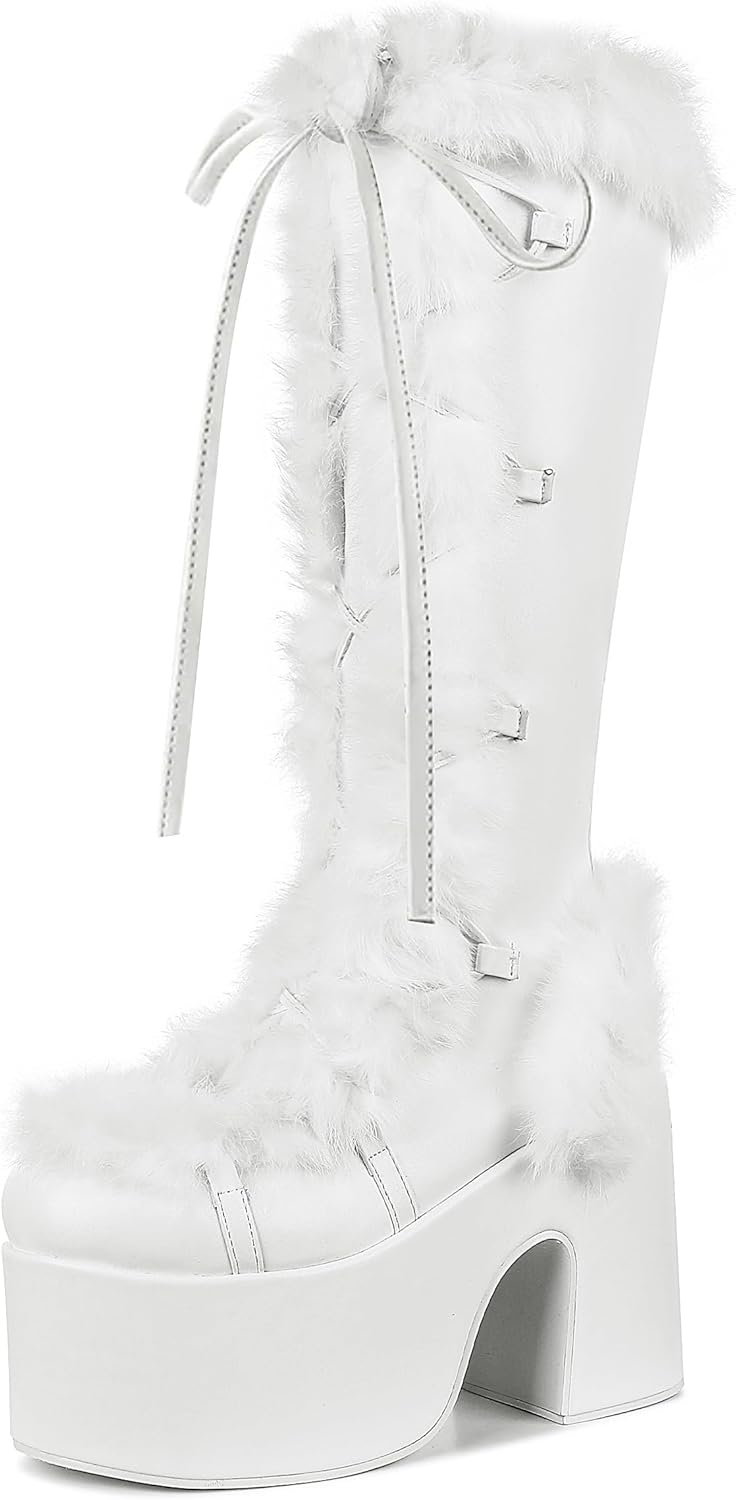 CELNEPHO Knee High Boots for Women with Faux Fur and Chunky Heel