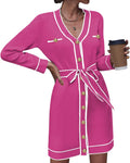Pink Queen Women's Long Sleeve Button Down Sweater Dress - Colorblock