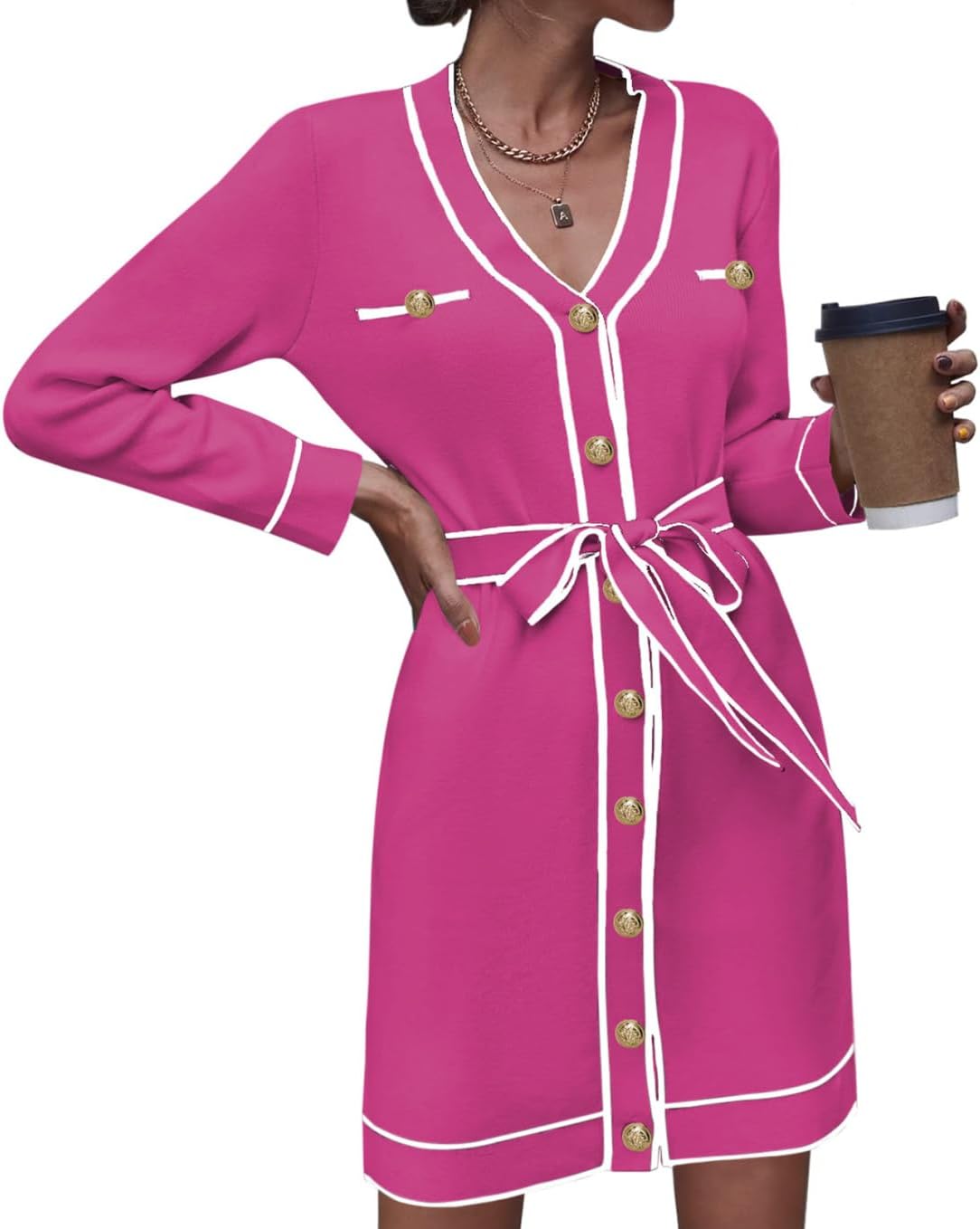 Pink Queen Women's Long Sleeve Button Down Sweater Dress
