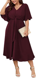 SCOMCHIC Women Plus Size Midi Dress V Neck Tie Waist - Flowy Midi