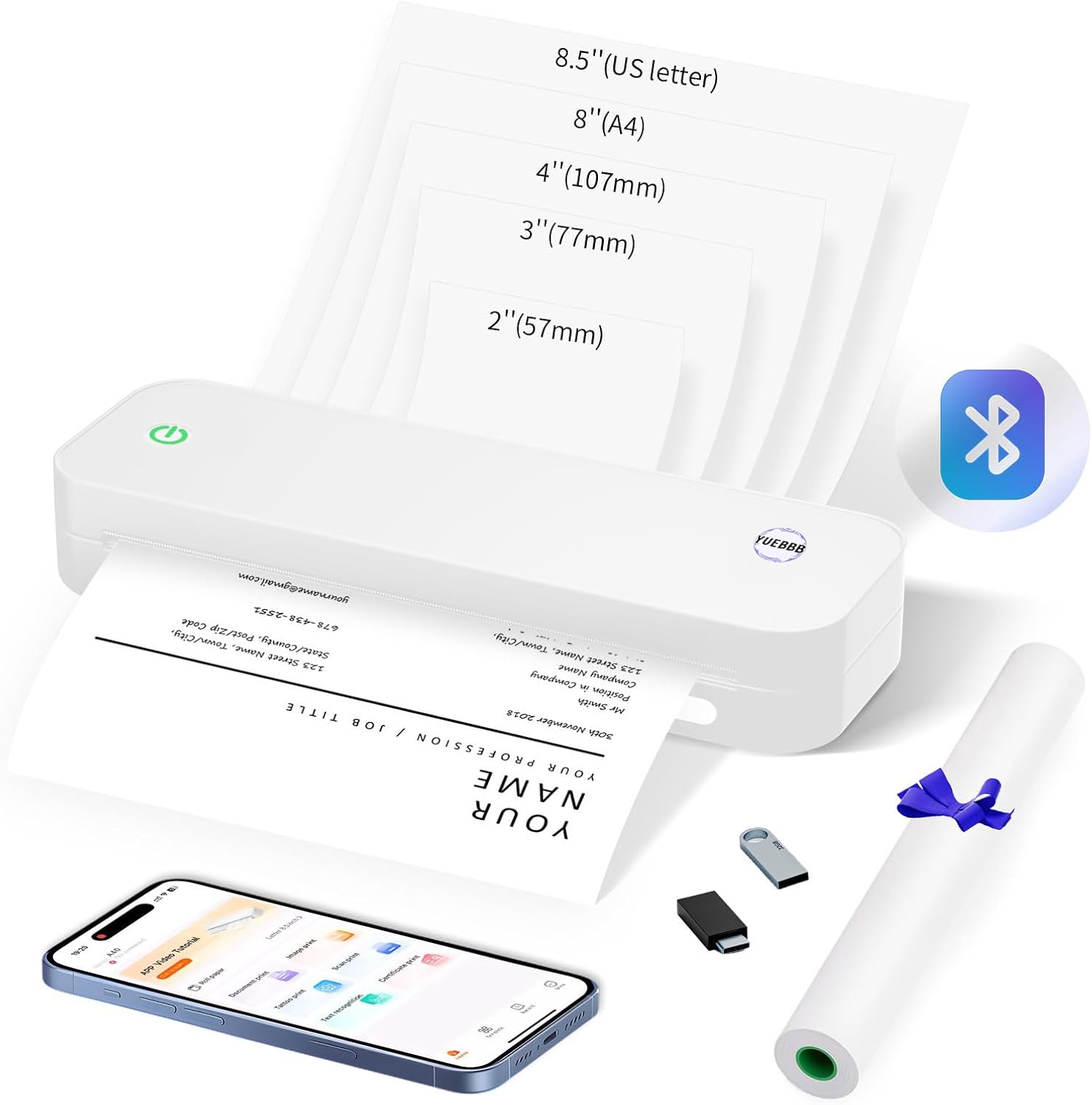YUEBBB Portable Inkless Travel Printer - A4/A5 Thermal Paper, iOS/Android/Windows