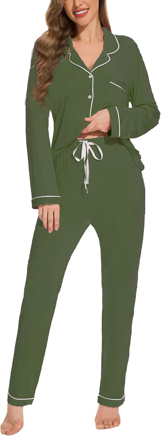 Button Up Pajamas for Women Long Sleeve Soft Loungewear Set