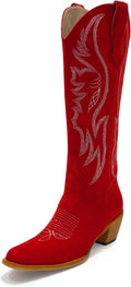 Women Pink Suede Cowboy Boots Mid Calf Almond Toe - Comfortable 2.36in