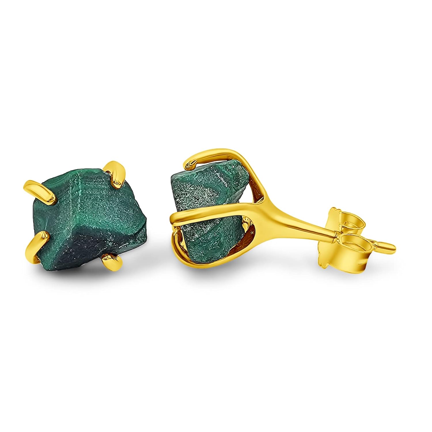Natural Raw Malachite Stud Earrings in Yellow Gold Over Silver