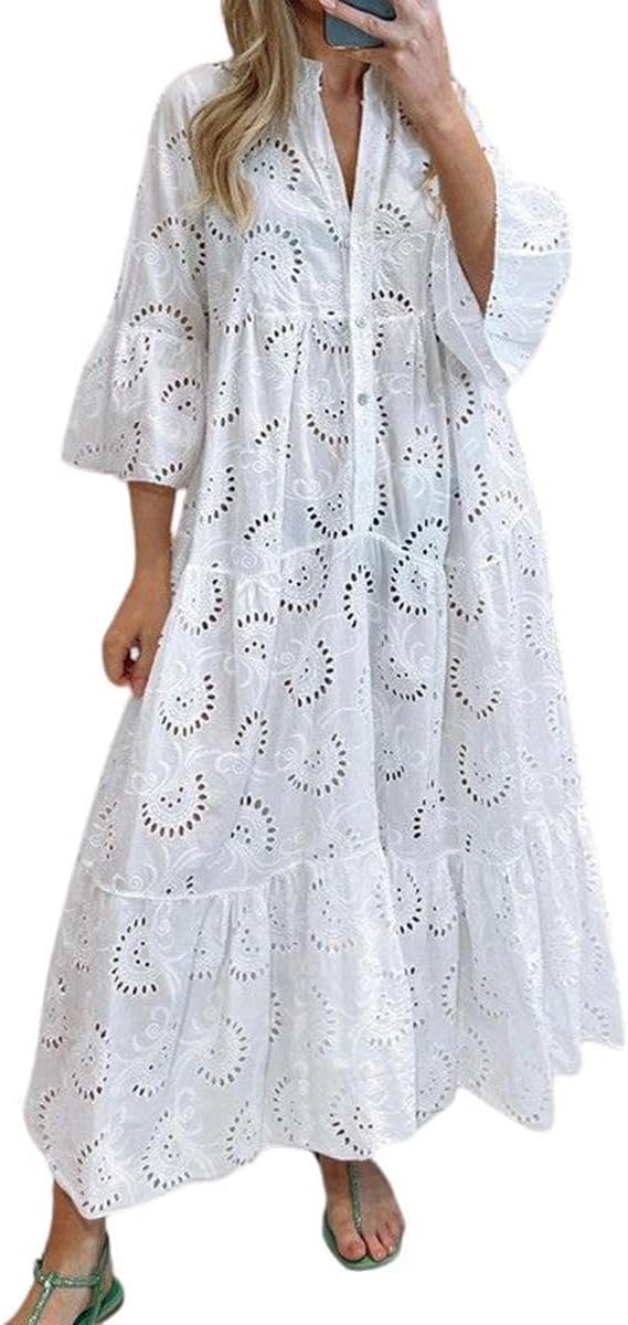 Chouyatou Women's Lace Eyelet Embroidery Maxi Dress for Summer