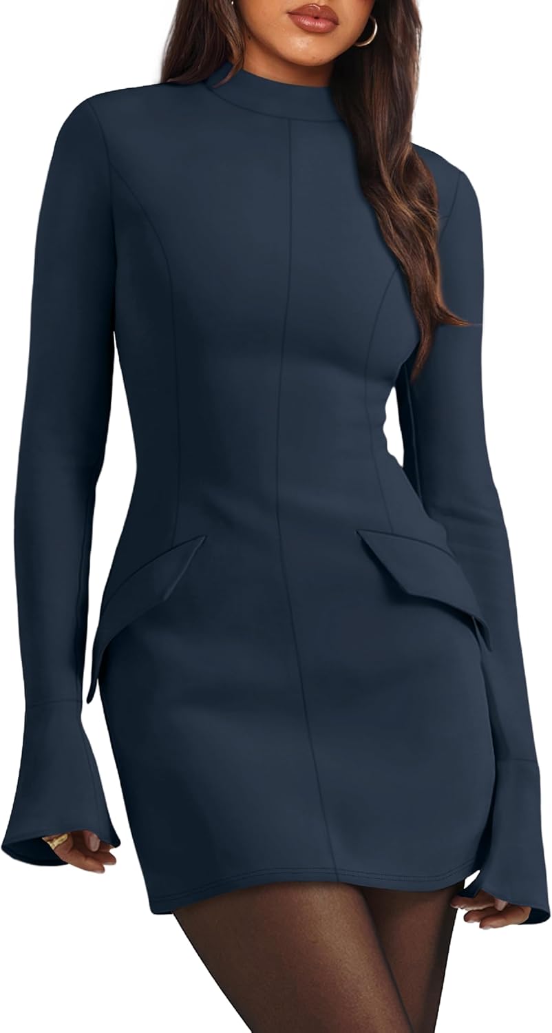 OFEEFAN Women's Fall Long Sleeve Mock Neck Bodycon Mini Dress
