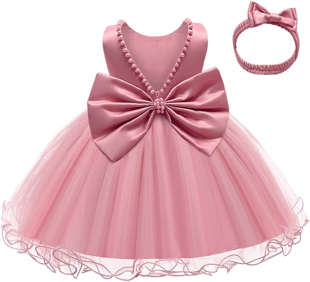 LZH Baby Girls Dress Ruffle Lace Backless Bowknot with Headwear