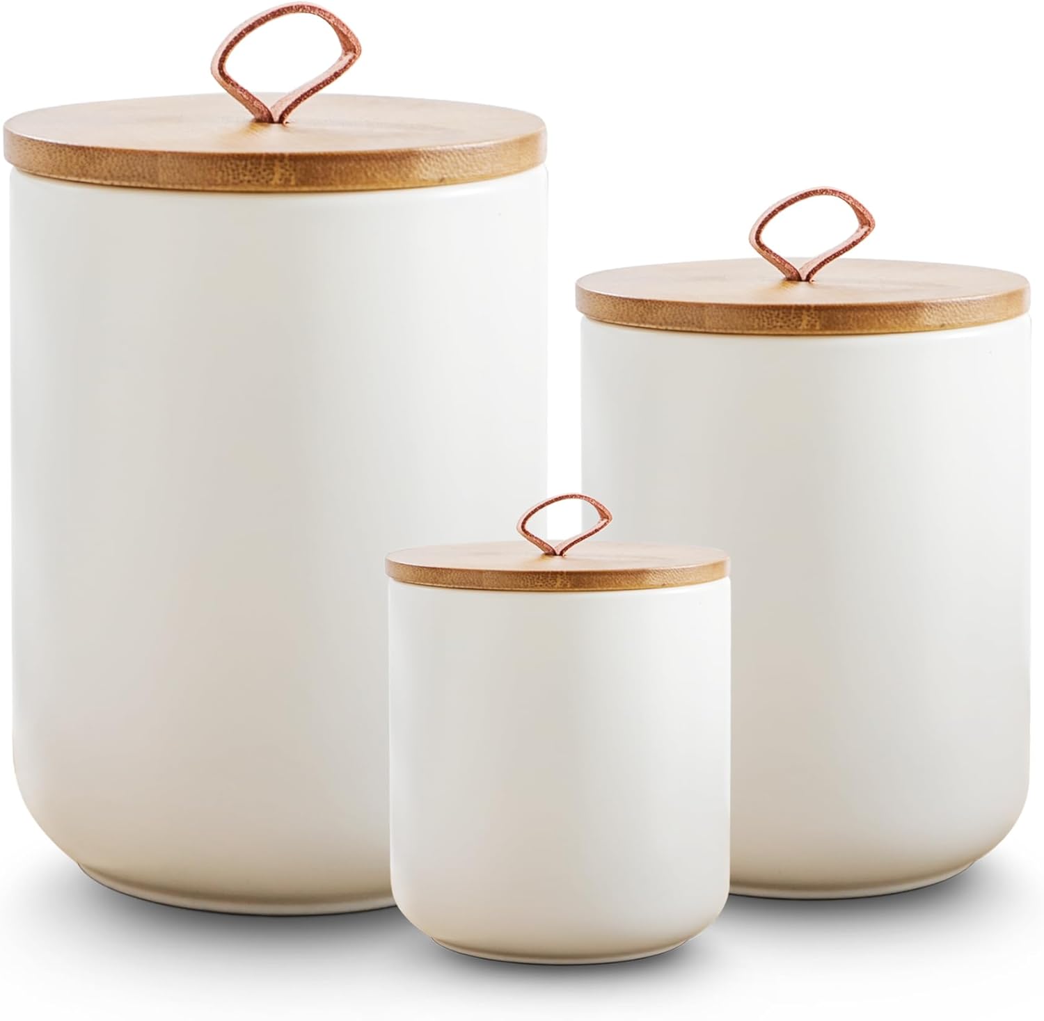 White Ceramic Canister Set with Wooden Lid for Kitchen Storage