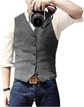 Mens Tweed V Neck Waistcoat Wool Herringbone - Retro Slim Fit