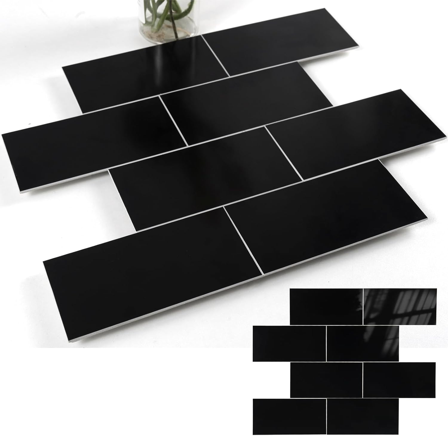 10-Sheet Polished Black Peel and Stick Backsplash for Home