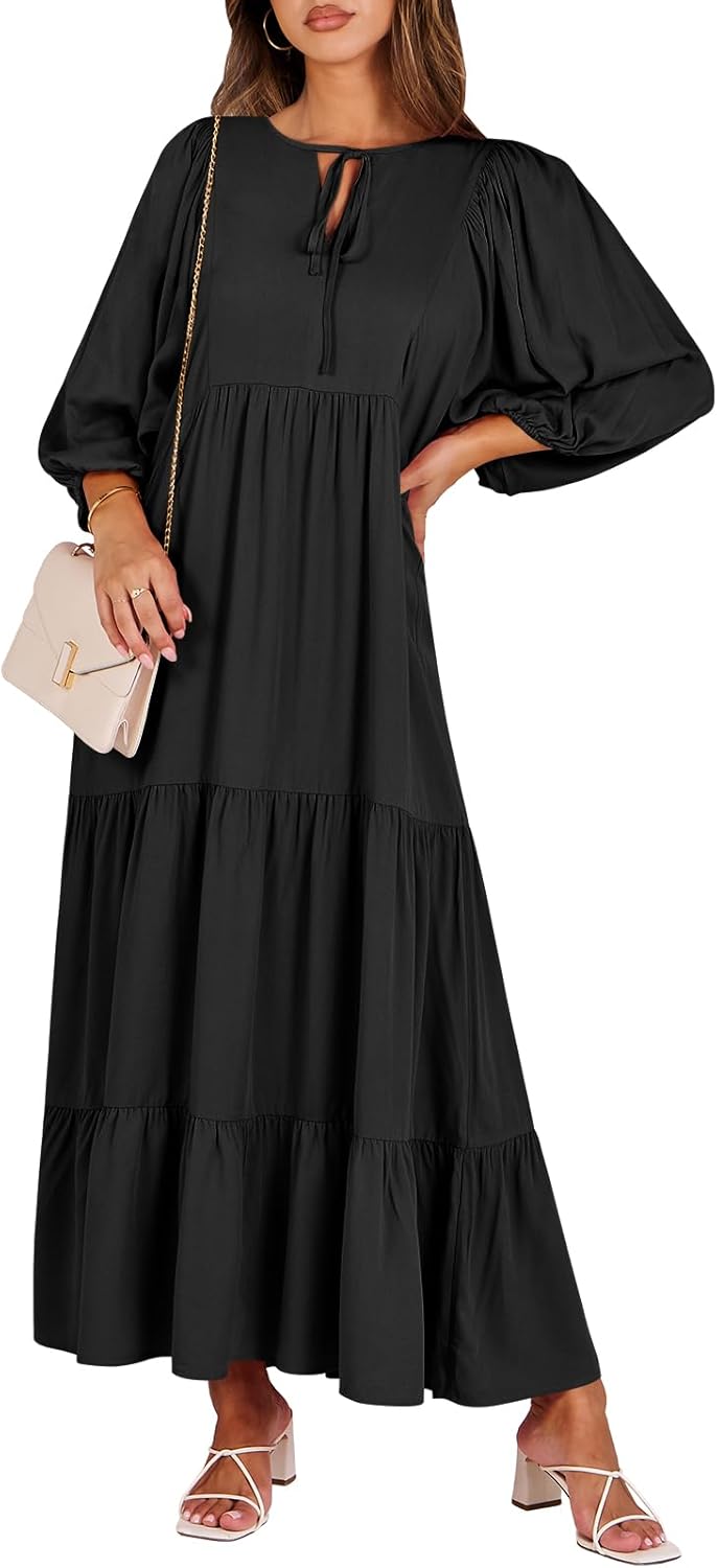 Boho Maxi Dresses for Women - Floral V Neck Puff Sleeve Style