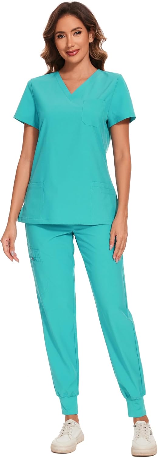 COZYFIT Scrubs for Women - Stretch V-Neck Top & Jogger Pants