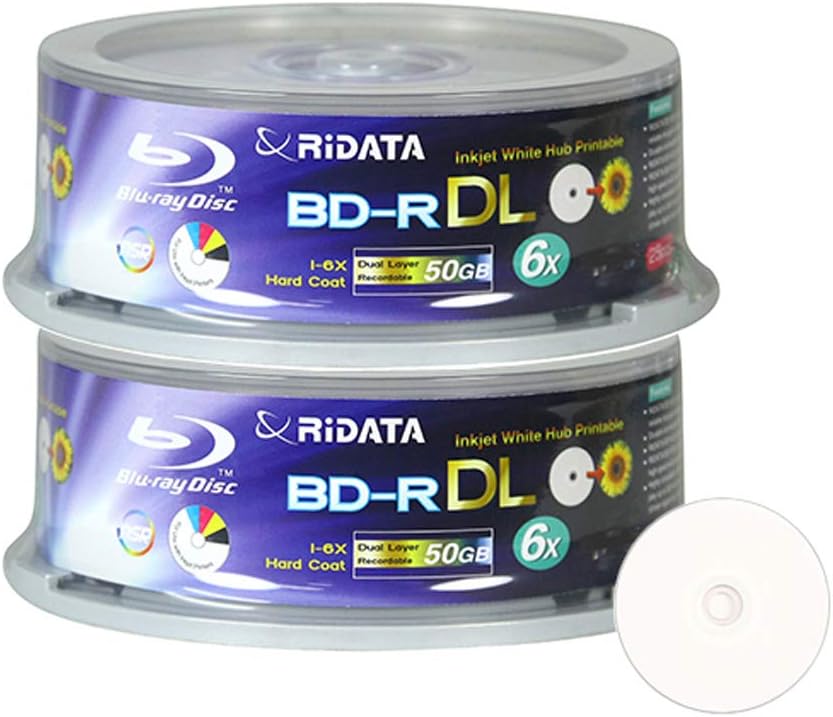 50 Pack Ridata Blu-ray BD-R DL 6X 50GB Printable Discs