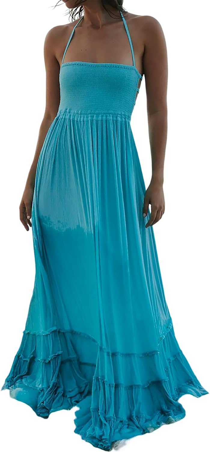 R.Vivimos Womens Summer Boho Backless Long Dresses for Fun