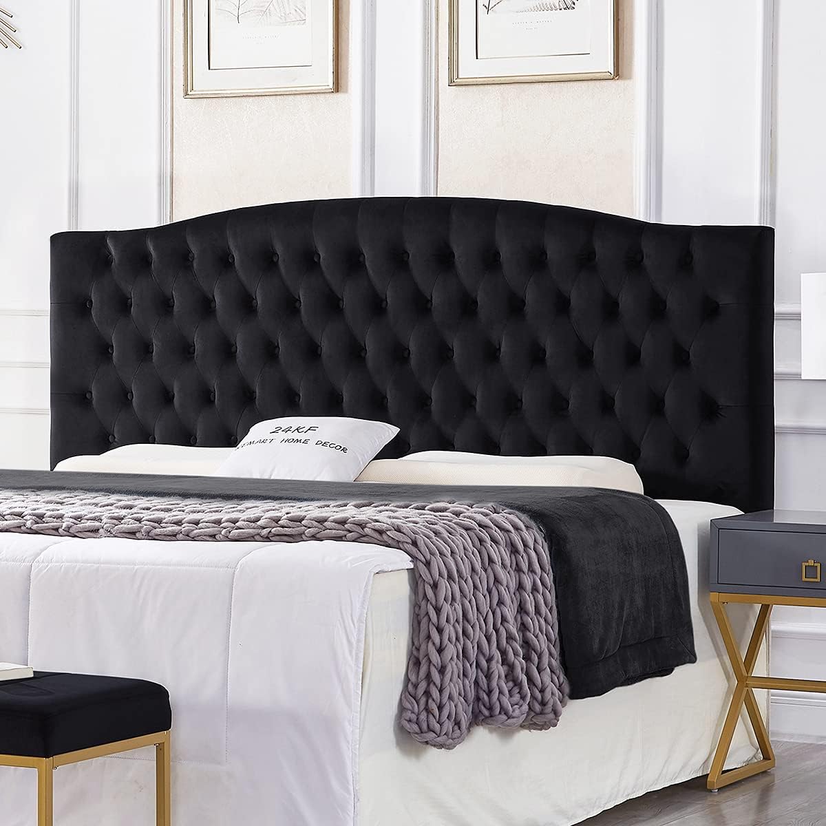 24KF Upholstered Tufted Button Velvet Headboard for King Beds