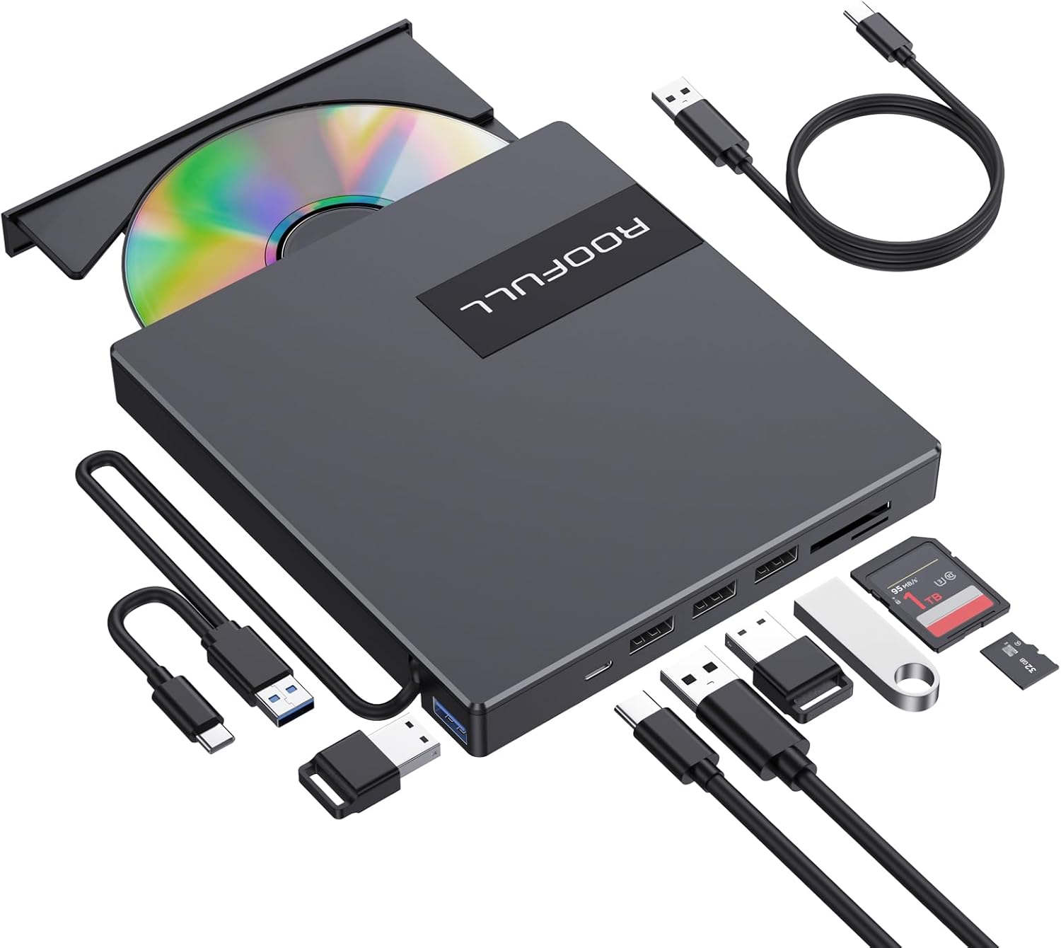 ROOFULL External CD DVD Drive USB-C - Versatile Port Expansion