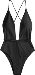 ZAFUL Womens Ribbed One Piece Swimsuit with Deep V Neck Design