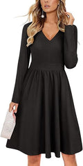 Women's V Neck Swing Midi Dress with Pockets - Comfortable Everyday