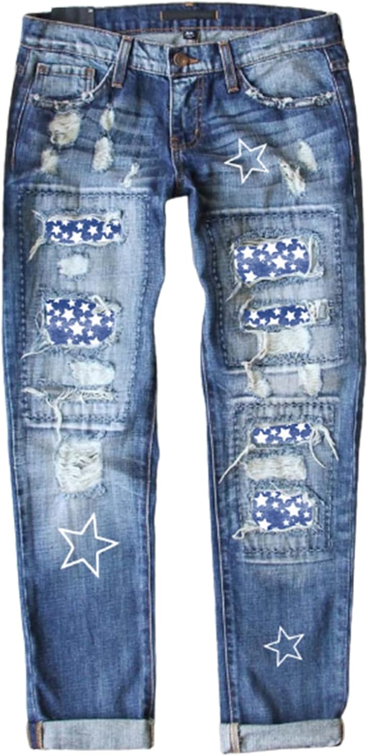 EVALESS Ripped Jeans for Women with Plaid Patch Design