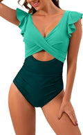 One Piece Swimsuit for Women V Neck Ruffle Cutout - Tummy Control