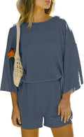 Womens 2-Piece Short Set 3/4 Sleeve Lounge Outfit - Waffle Knit