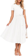 Womens 2025 Summer Short Sleeve Midi Dress - Flowy Pleated A Line