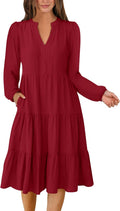 ANRABESS Long Sleeve Midi Dresses for Women V Neck Casual Style