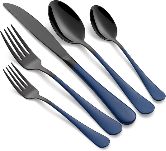20-Piece Black Silverware Set with Sapphire Blue Handles