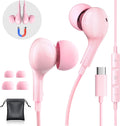 Noise Cancelling USB C Earbuds for iPhone and Galaxy - HiFi Mic, Volume Control - Pink