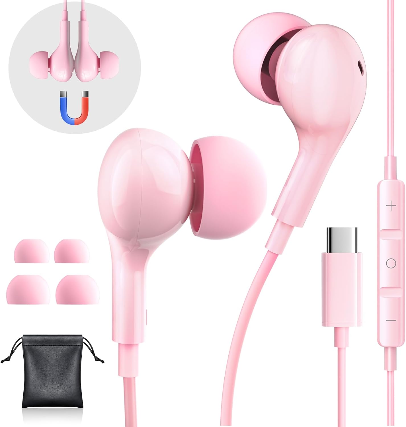 Noise Cancelling USB C Earbuds for iPhone and Galaxy - HiFi Mic, Volume Control - Pink