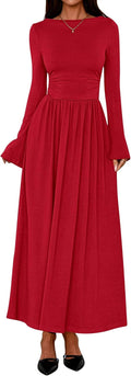 Long Sleeve Maxi Dress for Women - Elegant Ruched Boat Neck Dresses